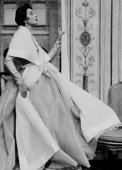 Bettina in a dress and stole from Hubert de Givenchy's first collection, 1952. Photograph by Henry Clarke.