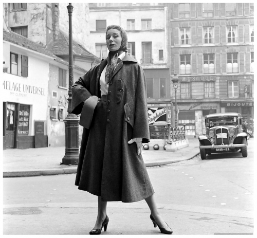 Bettina Graziani in Hubert de Givenchy Coat and Lantern Scarf, photographed by Nat Farbman, 1952
