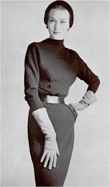 Model in belted jersey sheath by Givenchy, photo by Guy Arsac, 1952