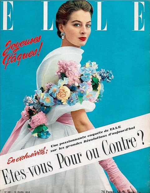 モデル：キャプシーヌ。ホワイト・フラワー・ガウン。ジバンシィが初めてモード誌の表紙を飾る。ELLE　1953年3月16日号。