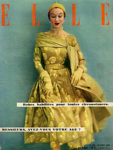 1953 - Givenchy Lemon Dress citron chartreuse designer couture 50s yellow full skirt color photo print ad magazine model Elle vintage fashion