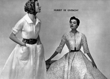 1953 Bettina and Joan Whelan in pleated white pique and embroidered pique dresses by Givenchy