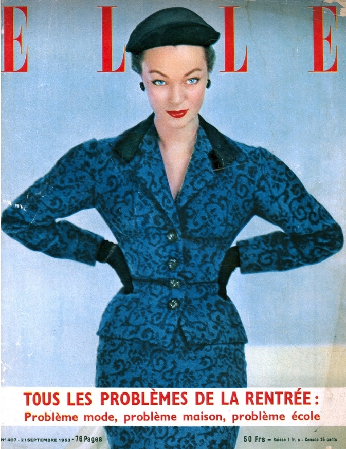 モデル：アイヴィ・ニコルソン。『ELLE』表紙。Ivy Nicholson in suit by Givenchy, ELLE, September 21, 1953