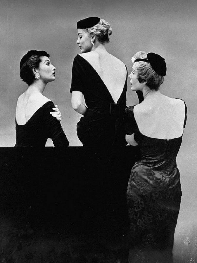 Models in bare-back cocktail dresses offer oval (l) by Ceil Chapman, deep V by Givenchy (c) and square by Larry Aldrich, photo by Sharland, 1953