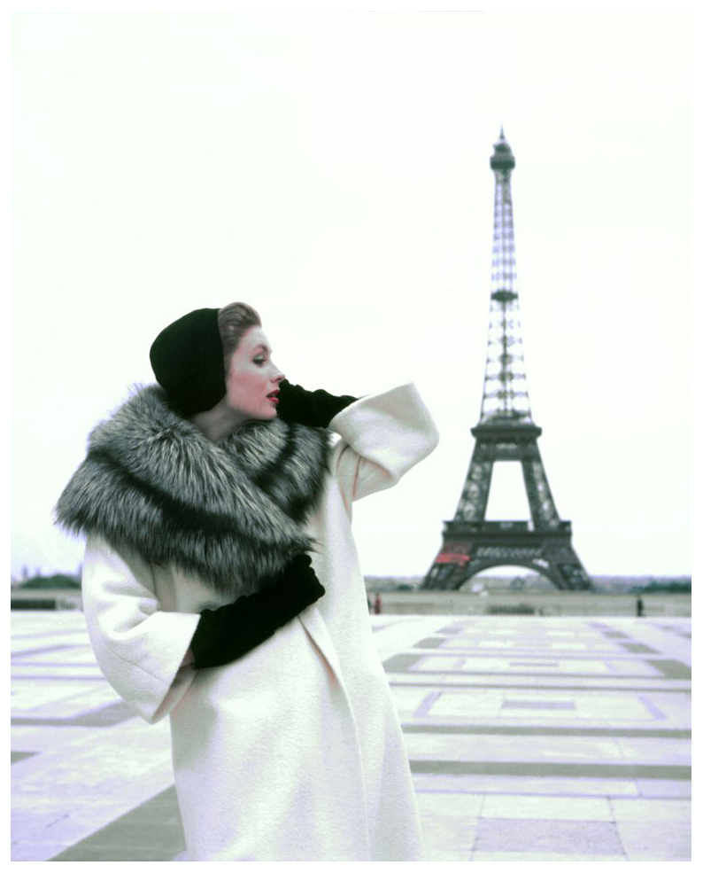 Suzy Parker in Hubert de Givenchy Coat, photographed by Georges Dambier for ELLE, 1954