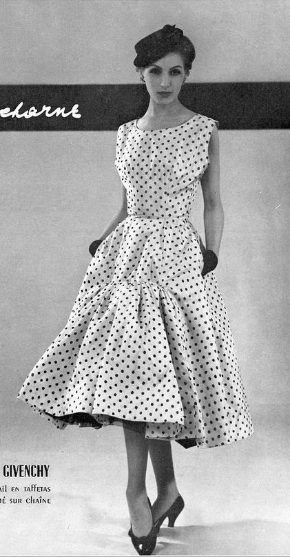 1954 Denise Sarrault in silk taffeta polka-dot cocktail dress by Givenchy,