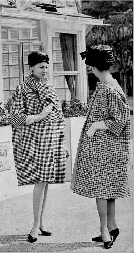 1954 Houndstooth coat with scarf-collar by Givenchy, collarless checked coat by Balenciaga, photo by Georges Saad in front of La Tête Noir, restaurant in Paris,