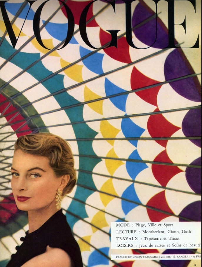 Capucine in Givenchy and Cartier jewelry, French Vogue Jul/Aug. 1954, cover by Henry Clarke
