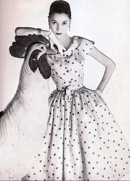 Renee Breton is wearing a polka-dot dress by Givenchy, photo by Louise Dahl-Wolfe for Harper's Bazaar, May 1954